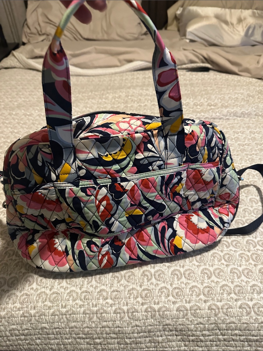 Vera Bradley Quilted Floral Satchel in Navy, Pink, Yellow, White